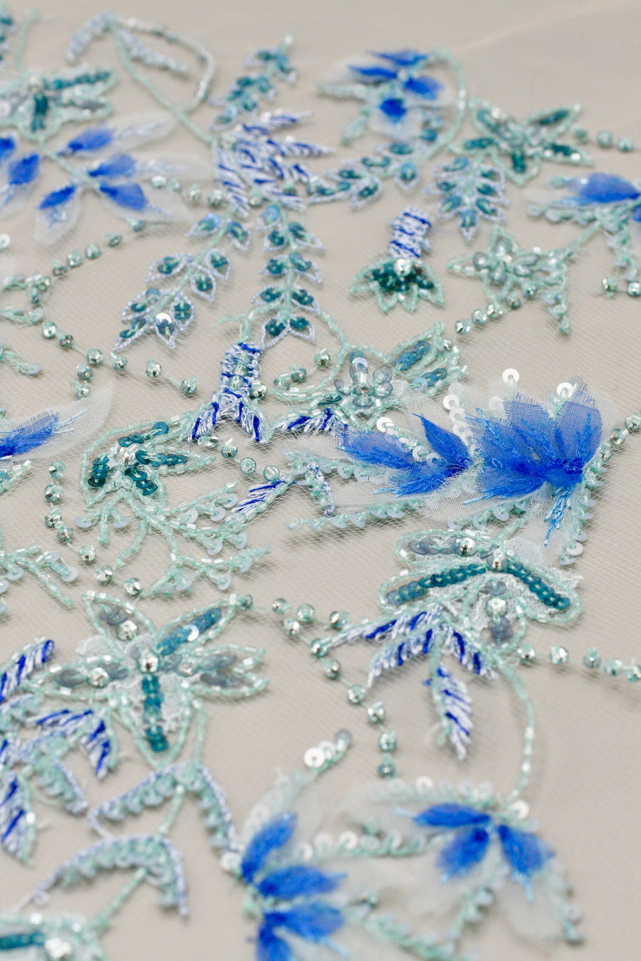 Hand Cut Fabric Leaves on Tulle Custom Handmade Beaded Panel used as Trim, Embroidered Tulle, Beaded Applique, Haute Couture Fabric