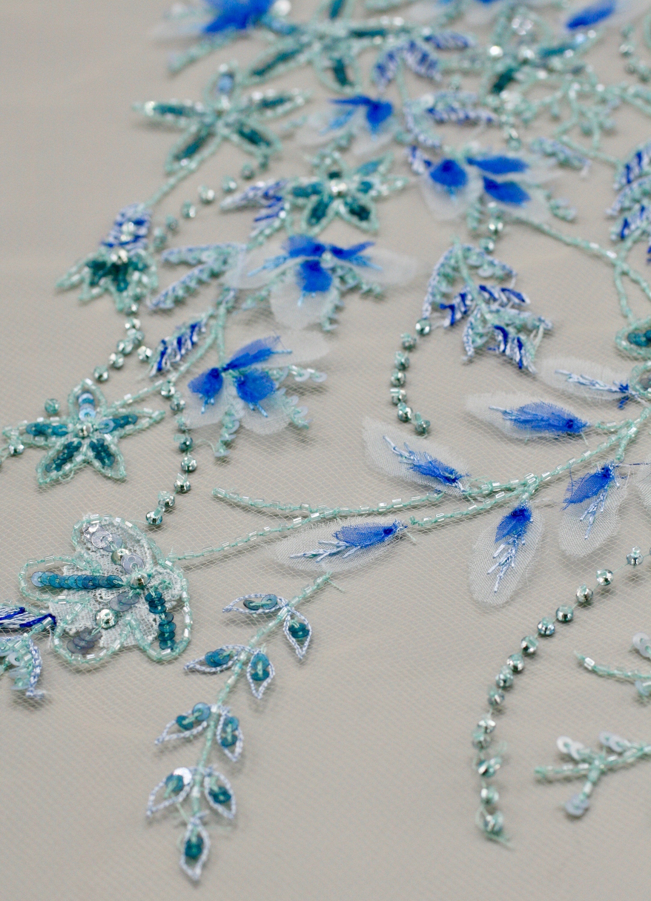 Hand Cut Fabric Leaves on Tulle Custom Handmade Beaded Panel used as Trim, Embroidered Tulle, Beaded Applique, Haute Couture Fabric