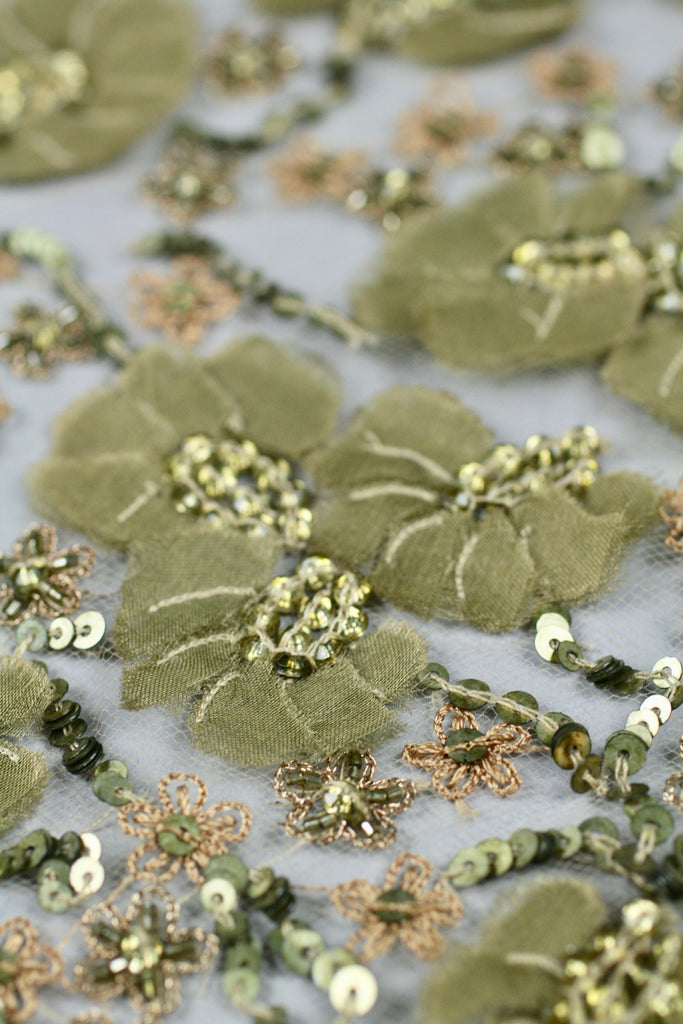 Wedding lace fabric,Hand-Beaded tulle in Olive Green and Gold,All over beaded fabric,Hand beaded lace,couture fabric,custom made fabric.
