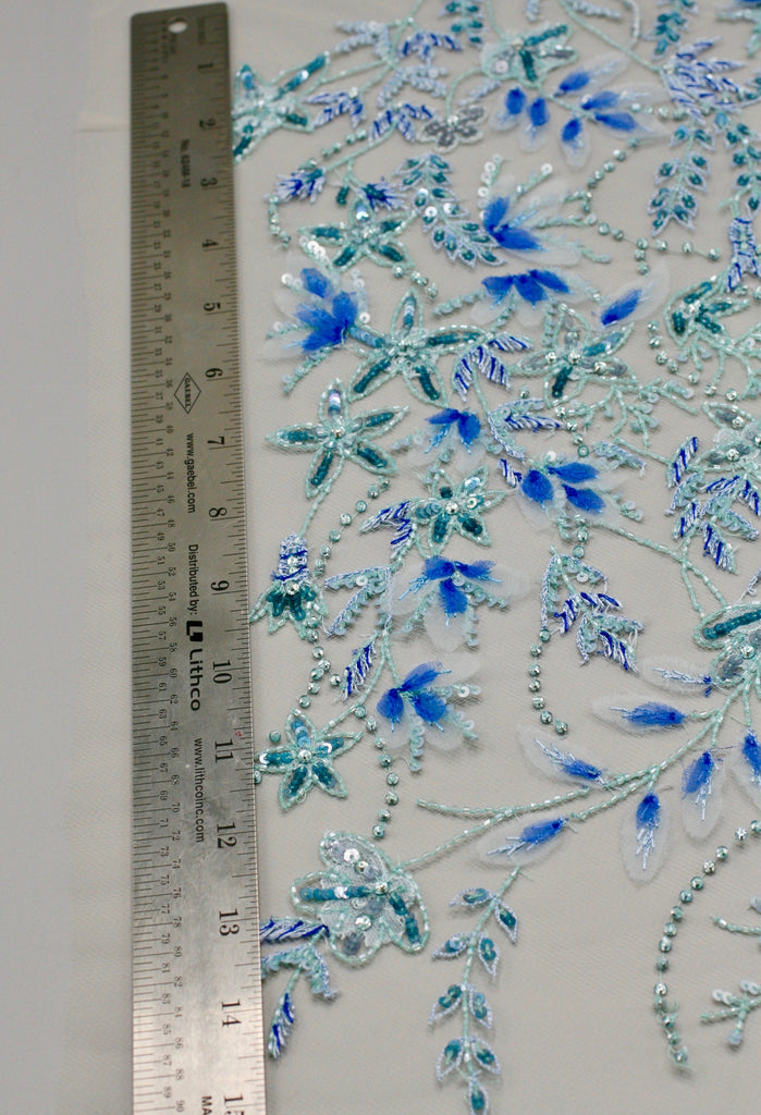 Hand Cut Fabric Leaves on Tulle Custom Handmade Beaded Panel used as Trim, Embroidered Tulle, Beaded Applique, Haute Couture Fabric