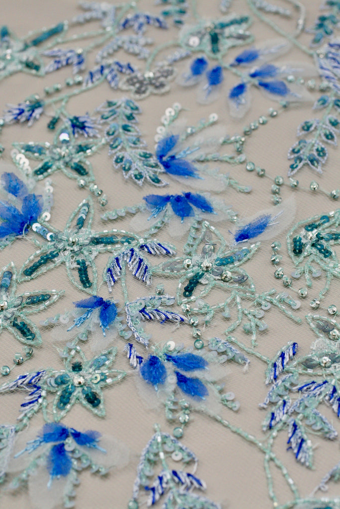 Hand Cut Fabric Leaves on Tulle Custom Handmade Beaded Panel used as Trim, Embroidered Tulle, Beaded Applique, Haute Couture Fabric
