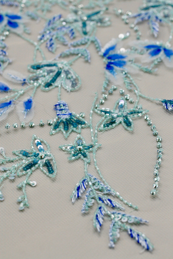 Hand Cut Fabric Leaves on Tulle Custom Handmade Beaded Panel used as Trim, Embroidered Tulle, Beaded Applique, Haute Couture Fabric