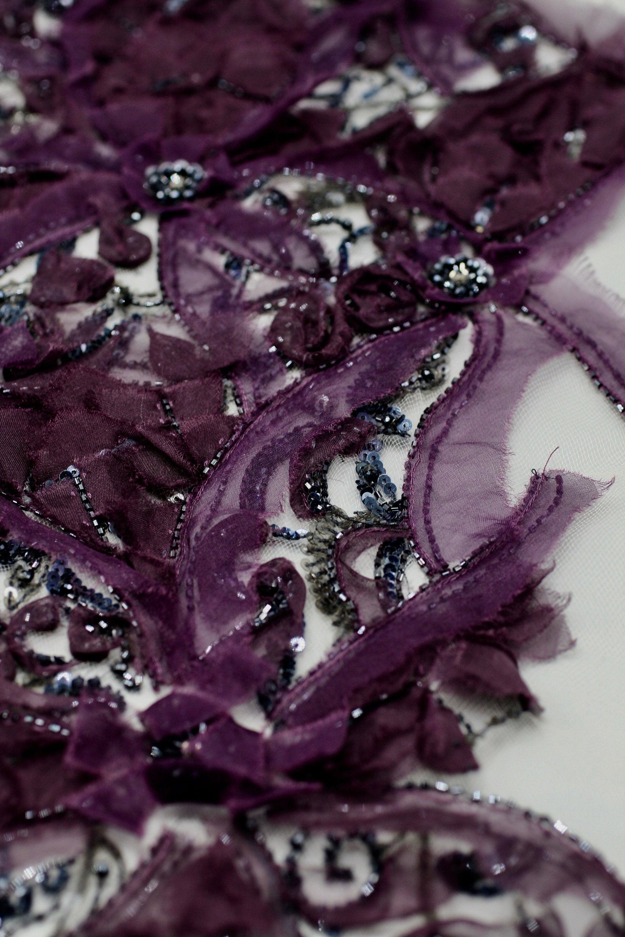 Organza Ruffles Custom Handmade Beaded panel used as Beaded Trim, Embroidered Tulle, Beaded Applique, Haute Couture Fabric