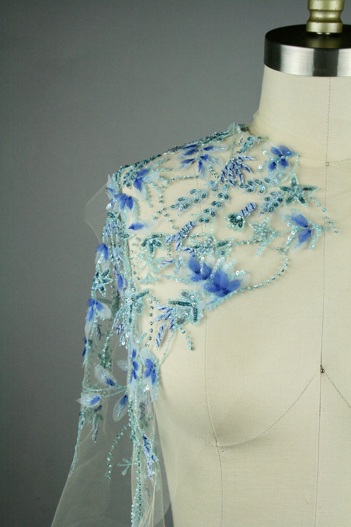 Hand Cut Fabric Leaves on Tulle Custom Handmade Beaded Panel used as Trim, Embroidered Tulle, Beaded Applique, Haute Couture Fabric