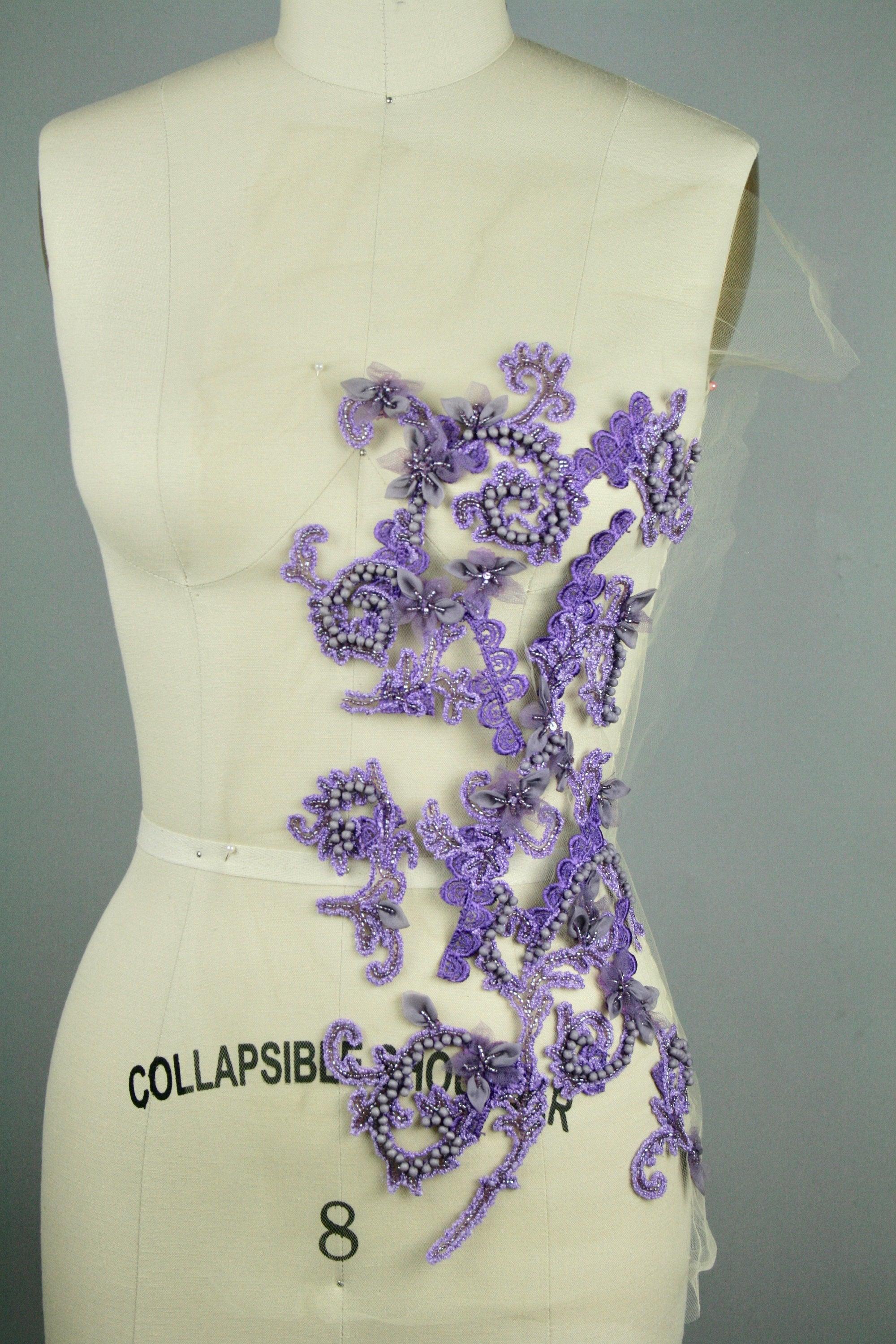 Custom Handmade Beaded Applique Beading Panel with Silk Wrapped Pearls, hand folded Silk Petals and Embroidered Lace