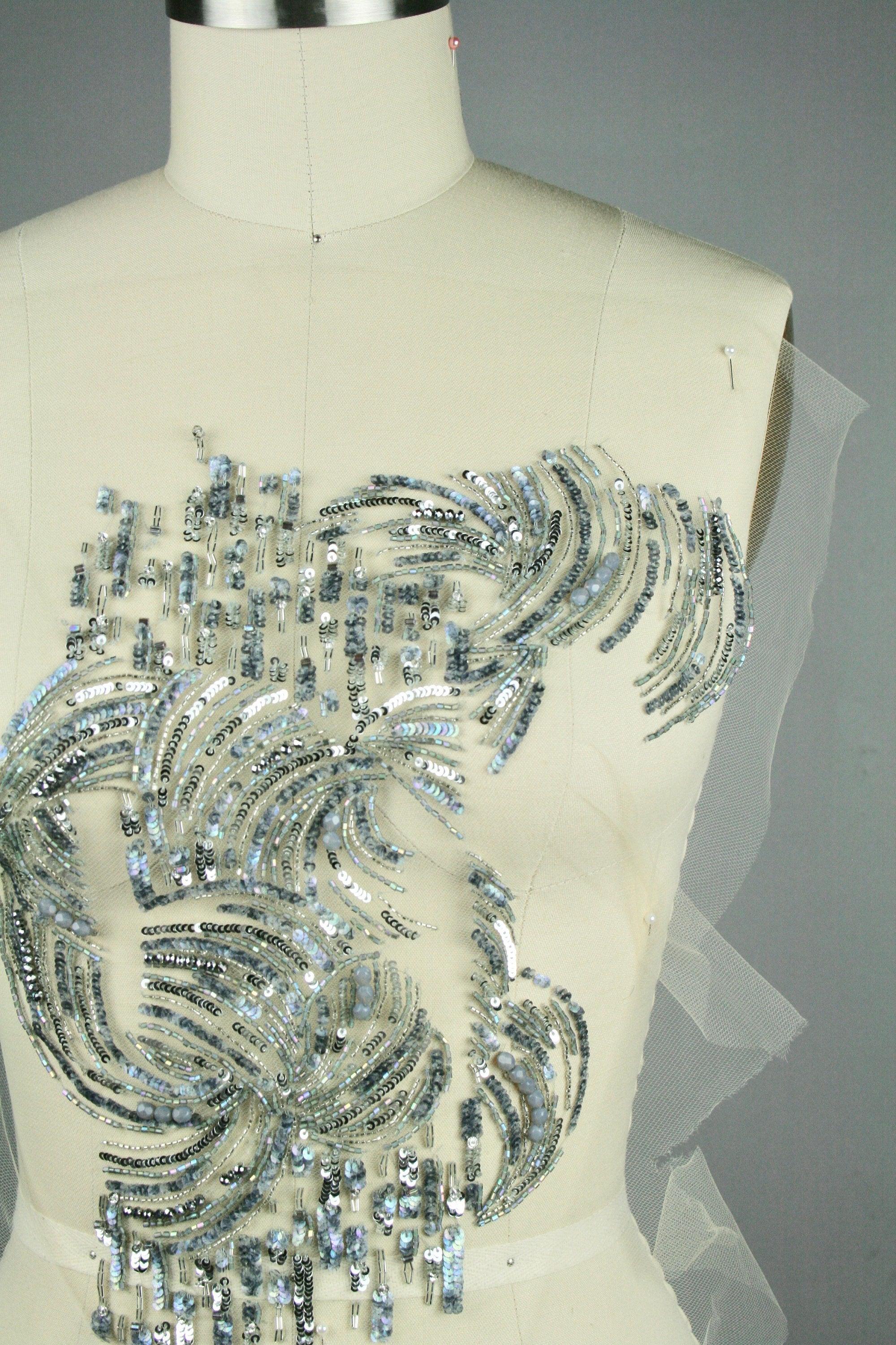 Beaded Trim Panel - Beaded Bodice - Bridesmaid Dress Fabric - Embroidered Tulle - Embroidered Applique - Beaded Applique - DIY Wedding Dress