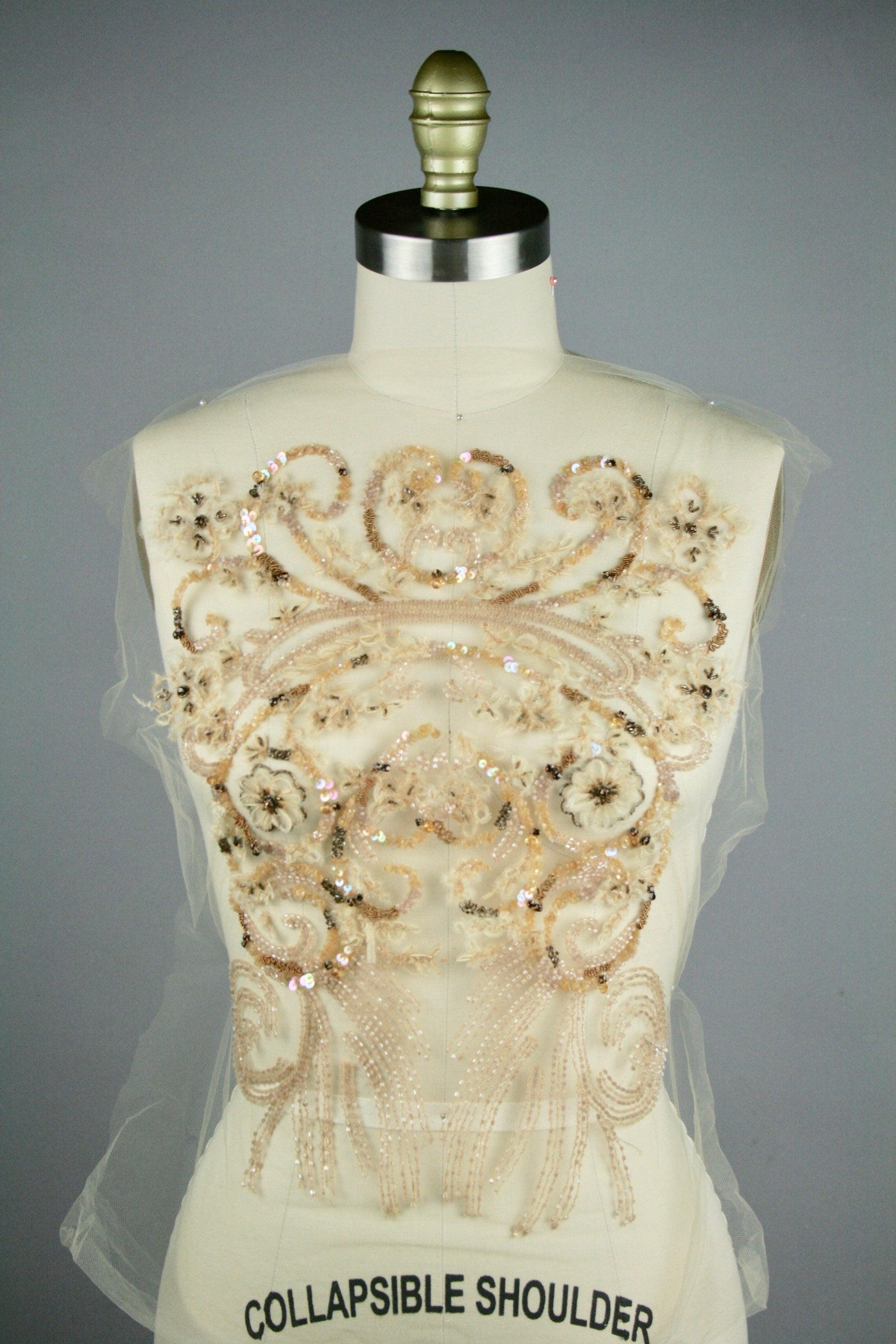 Gold Haute Couture Applique - Beaded Bodice - Embroidered Applique - Bridesmaid Dress Fabric - Beaded Applique - Embroidered Tulle