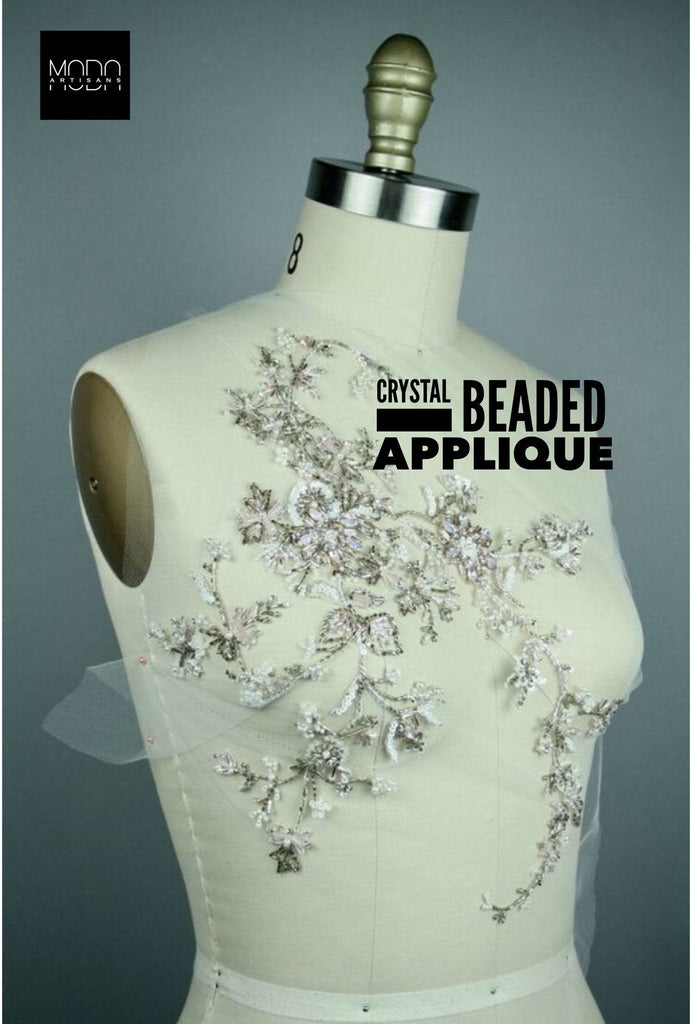 wedding dress applique, beaded trim applique, luxury fabric, rhibestones panel, haute couture fabric , beaded lace fabric.