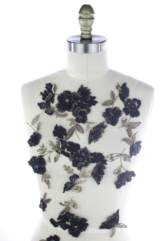 z 3D Floral Lace on Tulle with Black and Gold Beading - Moda Artisans