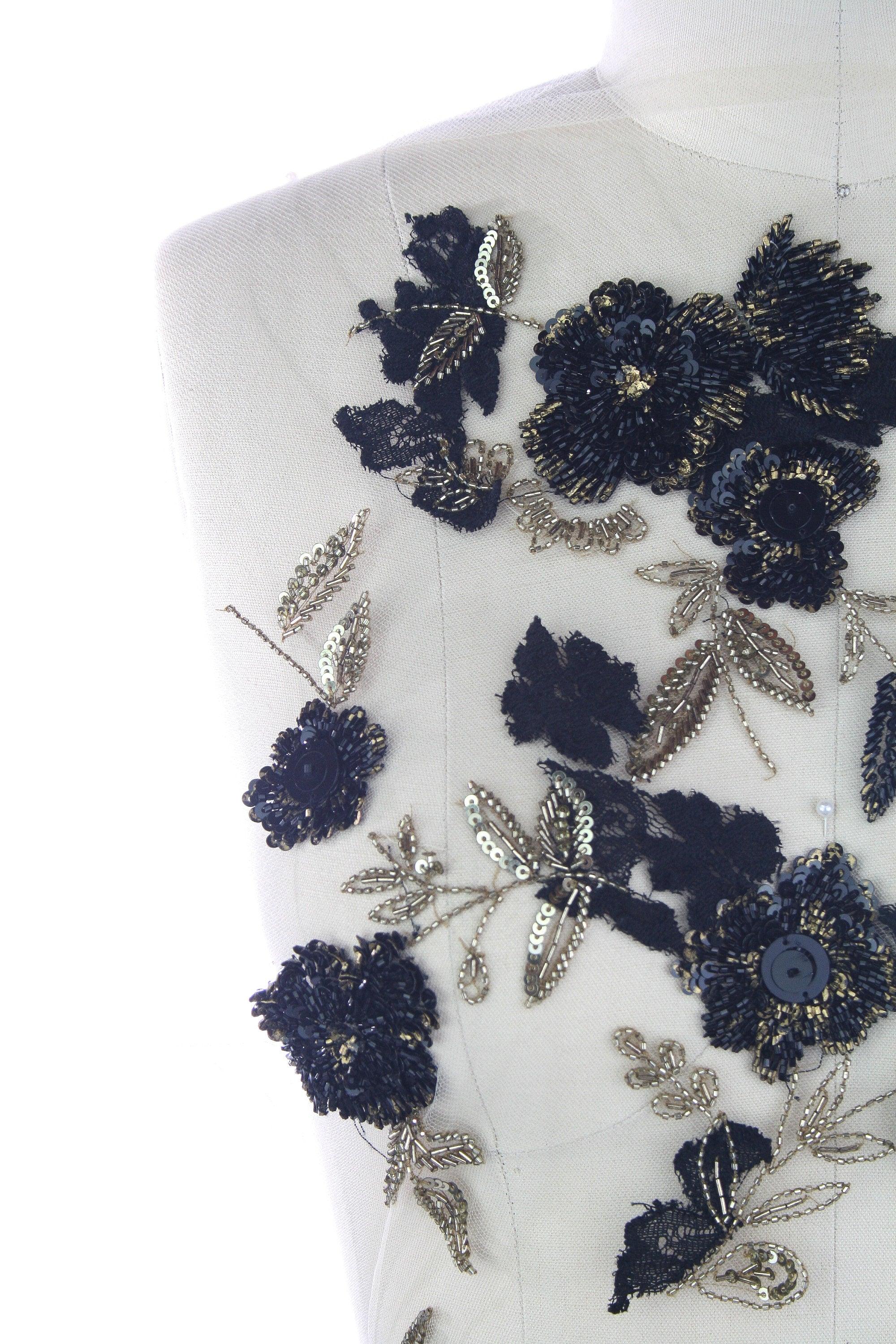 z 3D Floral Lace on Tulle with Black and Gold Beading - Moda Artisans
