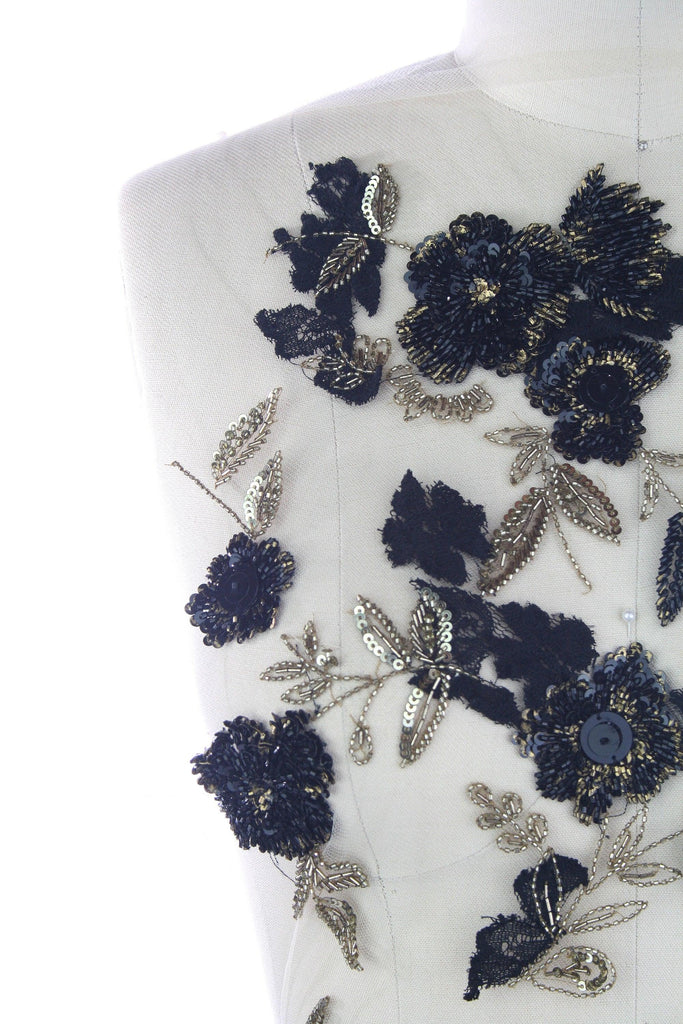 z 3D Floral Lace on Tulle with Black and Gold Beading - Moda Artisans