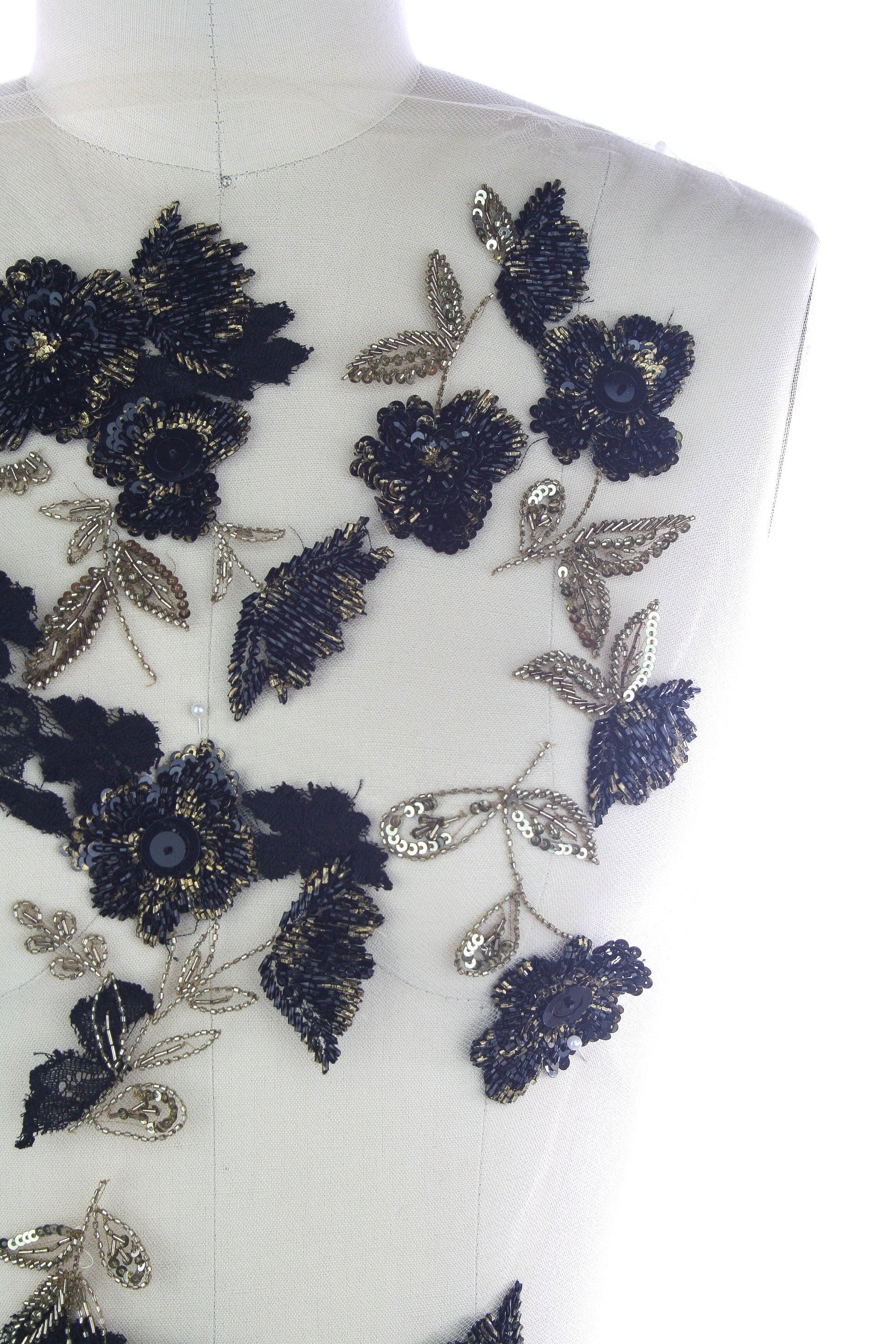 z 3D Floral Lace on Tulle with Black and Gold Beading - Moda Artisans