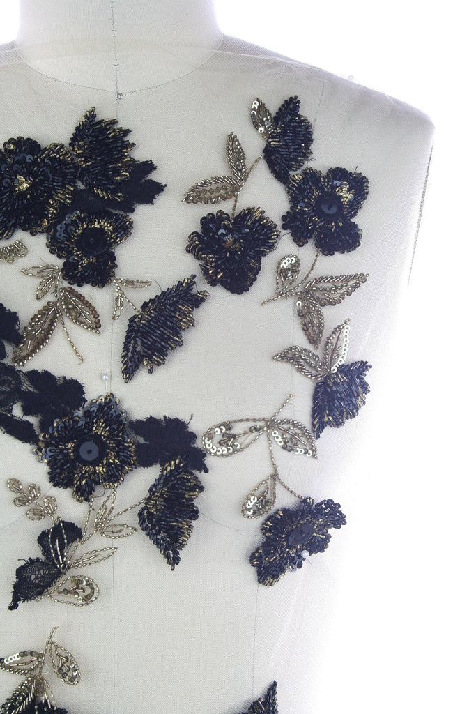 z 3D Floral Lace on Tulle with Black and Gold Beading - Moda Artisans