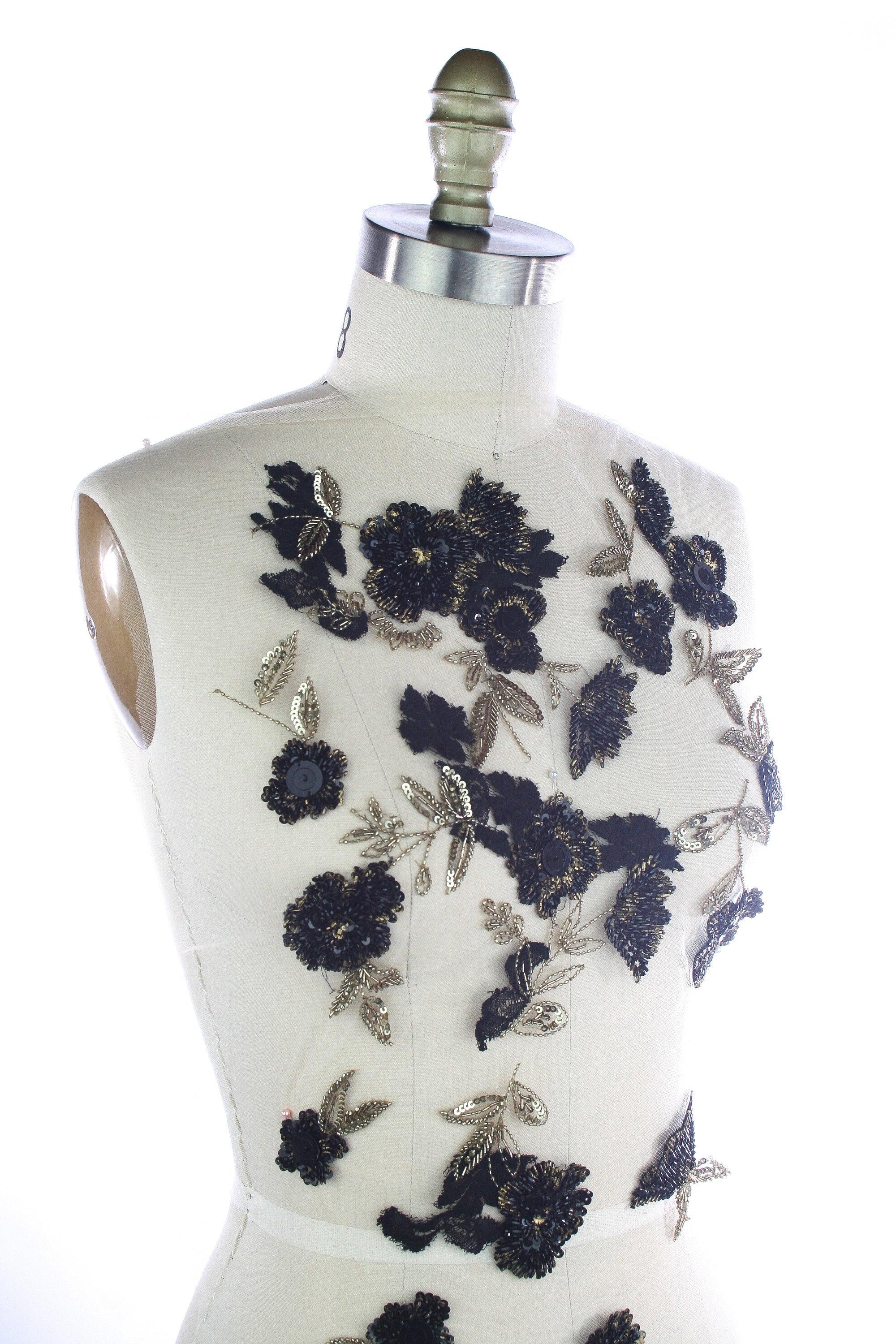 z 3D Floral Lace on Tulle with Black and Gold Beading - Moda Artisans