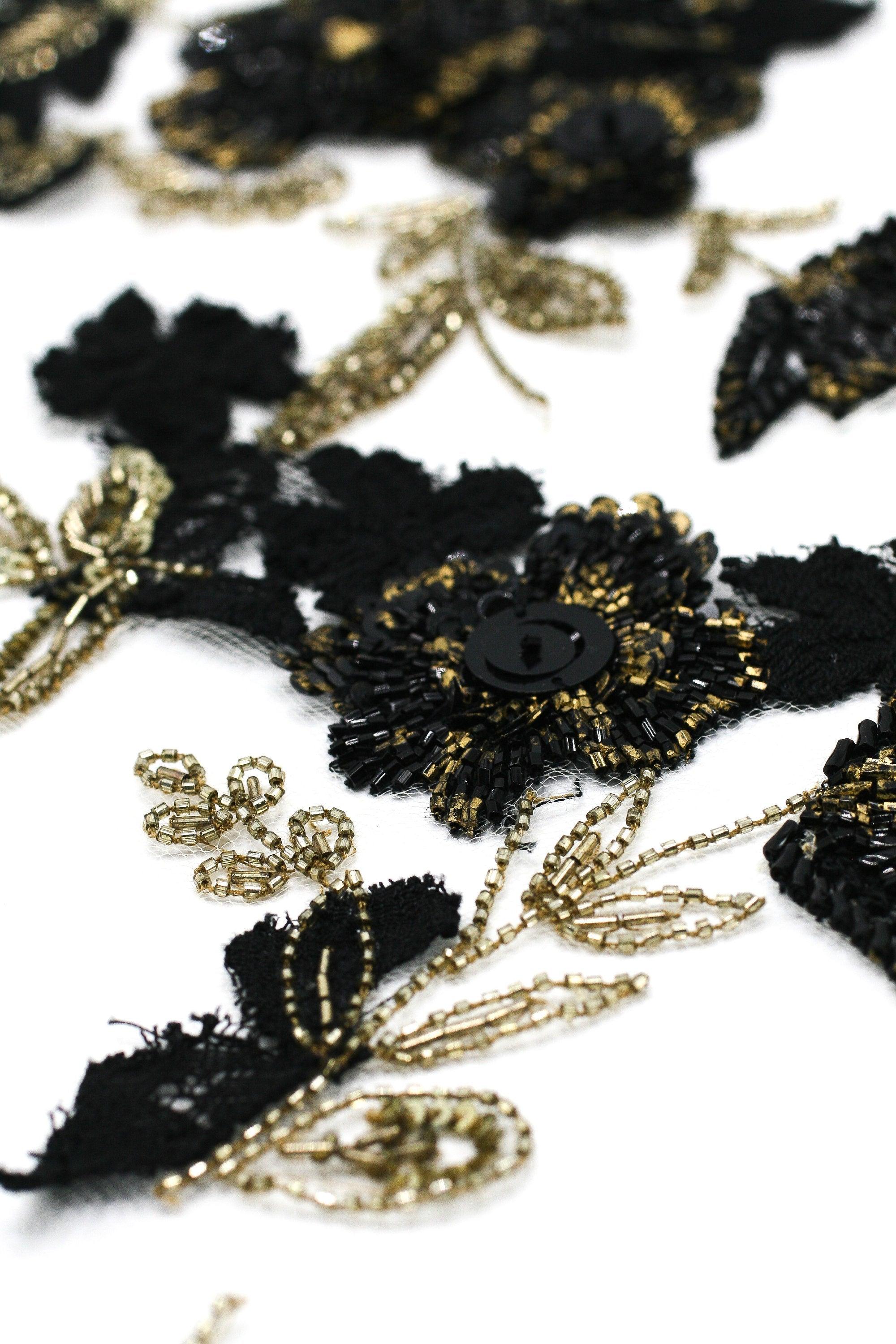 z 3D Floral Lace on Tulle with Black and Gold Beading - Moda Artisans