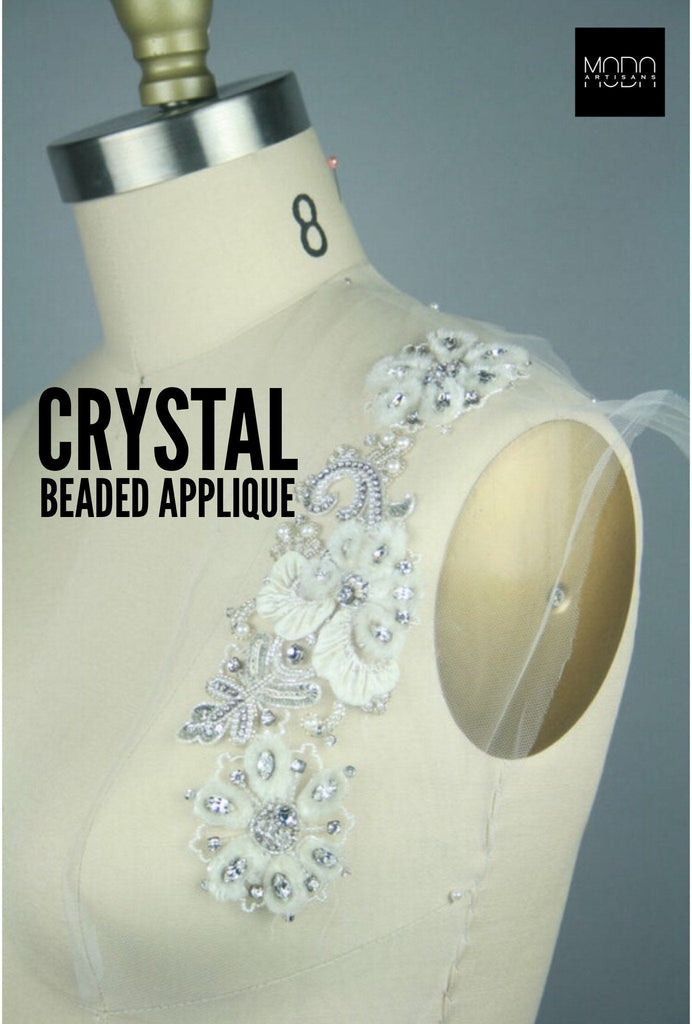Crystal applique for Wedding Gowns, Embroidered Lace Belt, Beaded Trim, Beaded Applique Panel,Shoulder Crystal Trim ,Applique for Cape,
