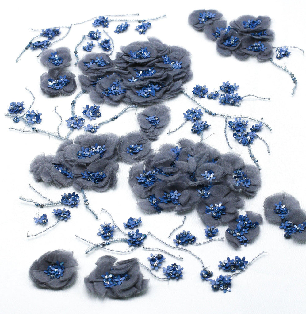 Blue Embroidered and Beaded applique for wedding dress with Light Sapphire Crystals and 3D Silk Hand Cut flowers on tulle.
