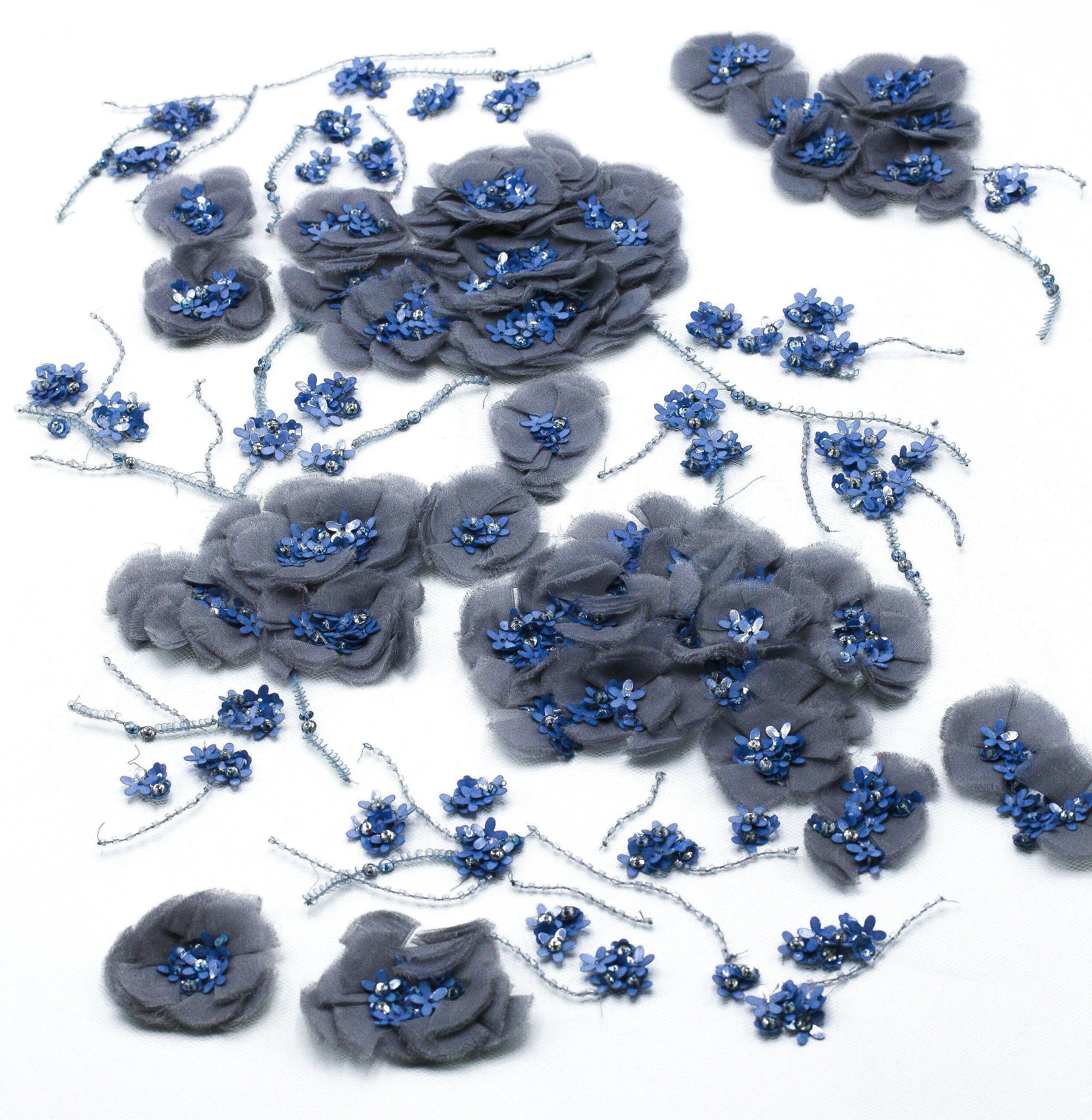 Blue Embroidered and Beaded applique for wedding dress with Light Sapphire Crystals and 3D Silk Hand Cut flowers on tulle.