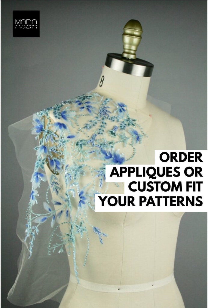 Hand Cut Fabric Leaves on Tulle Custom Handmade Beaded Panel used as Trim, Embroidered Tulle, Beaded Applique, Haute Couture Fabric