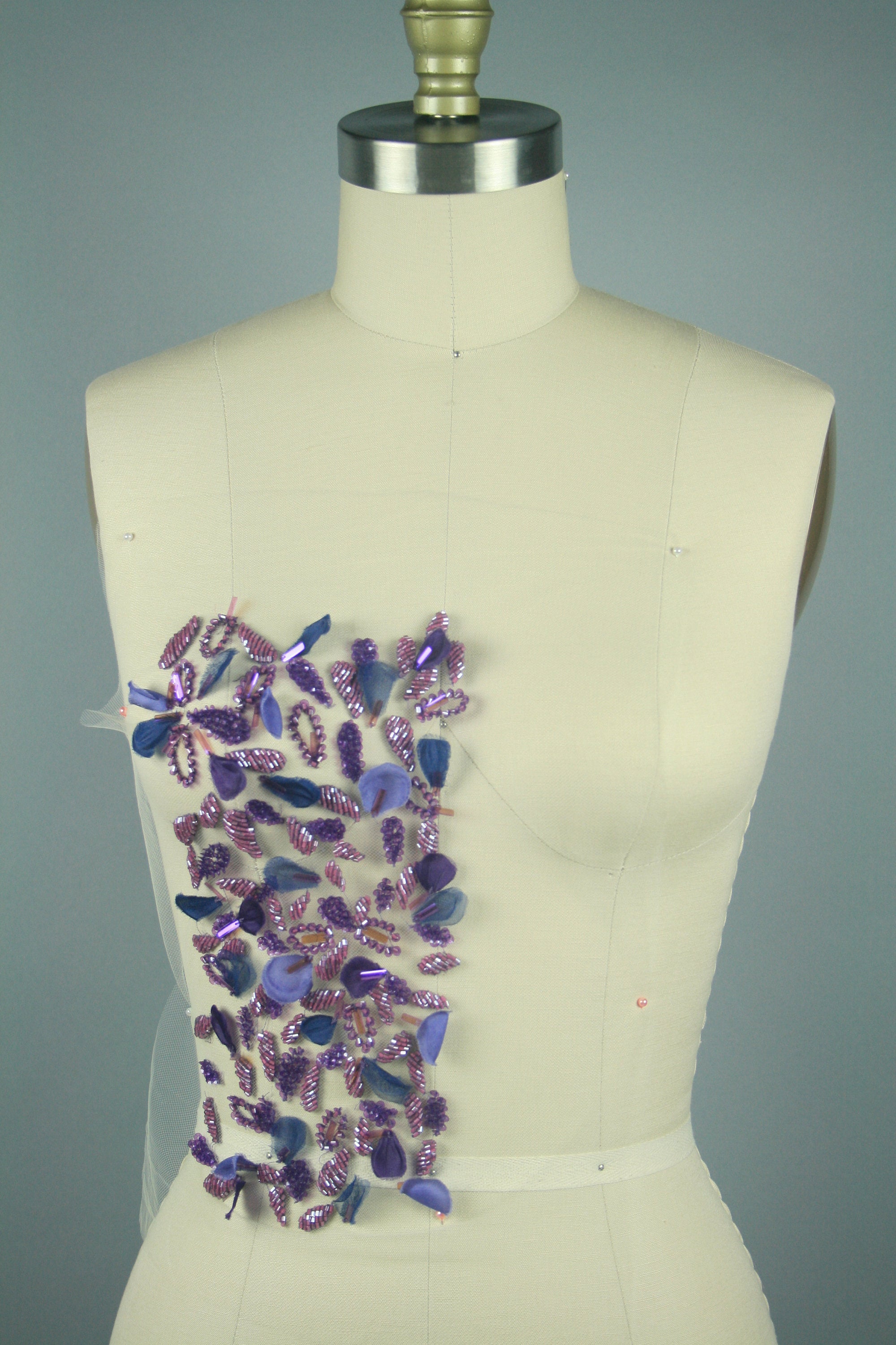 Hand Embroidery and Beading applique Fabric custom made to order in shades of 3D Silk Flowers in Ultraviolet and Purple