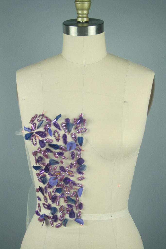 Hand Embroidery and Beading applique Fabric custom made to order in shades of 3D Silk Flowers in Ultraviolet and Purple
