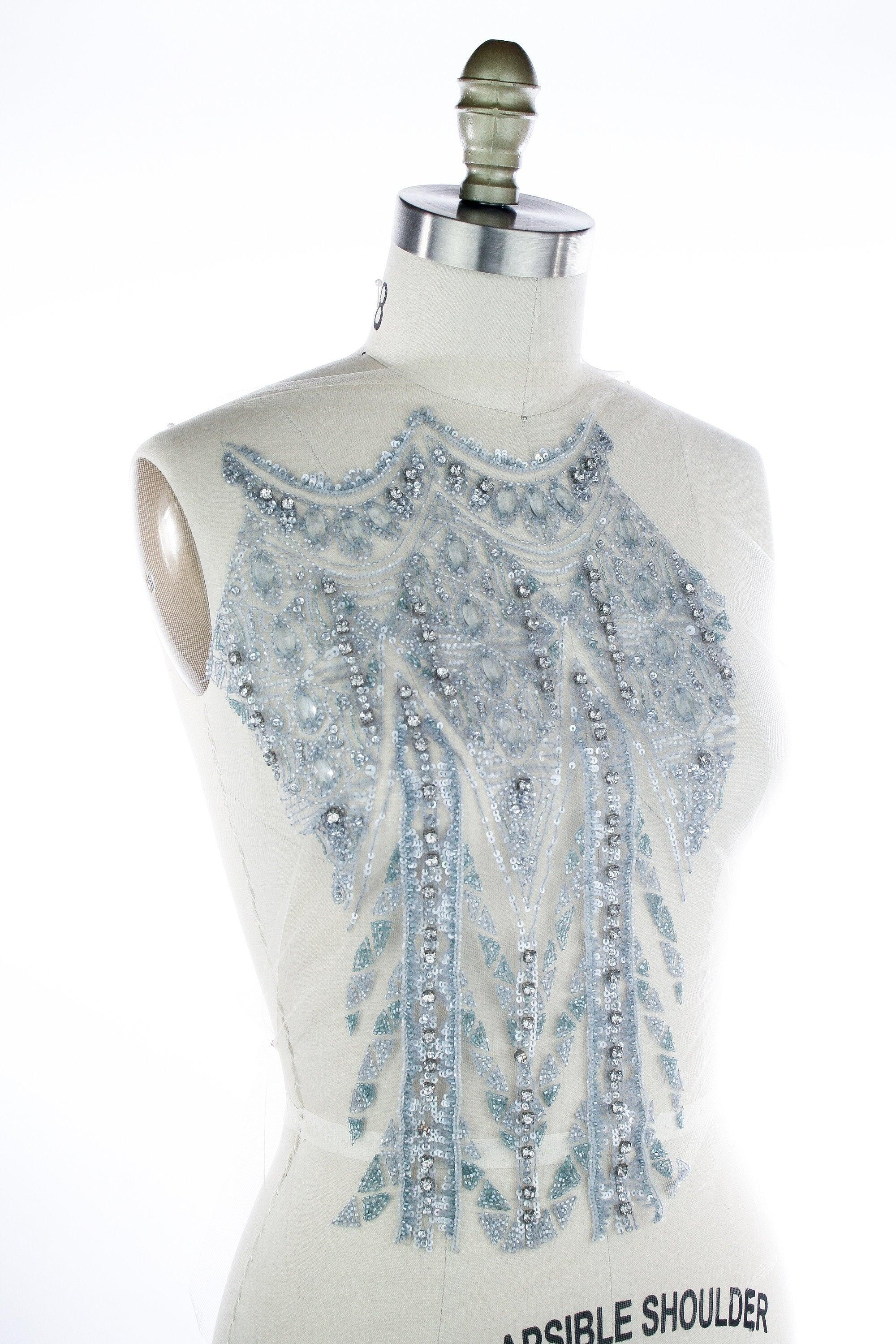 Crystal beaded, bodice applique panel, haute couture dress