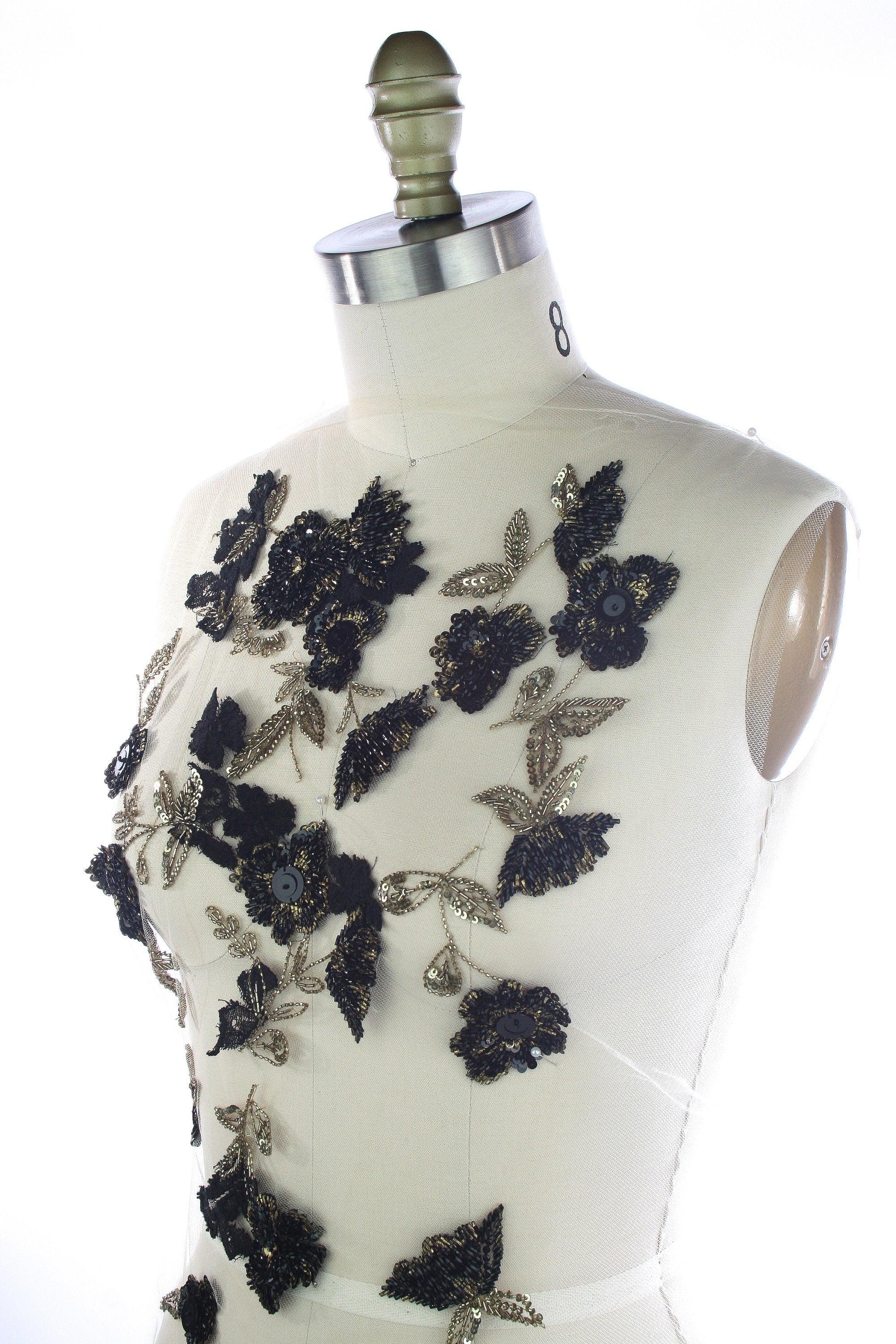 z 3D Floral Lace on Tulle with Black and Gold Beading - Moda Artisans