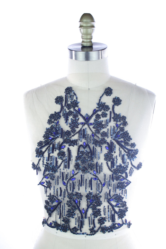 Blue beaded fabric with blue  rhinestones,haute couture fabric,Luxury Dress fabric
