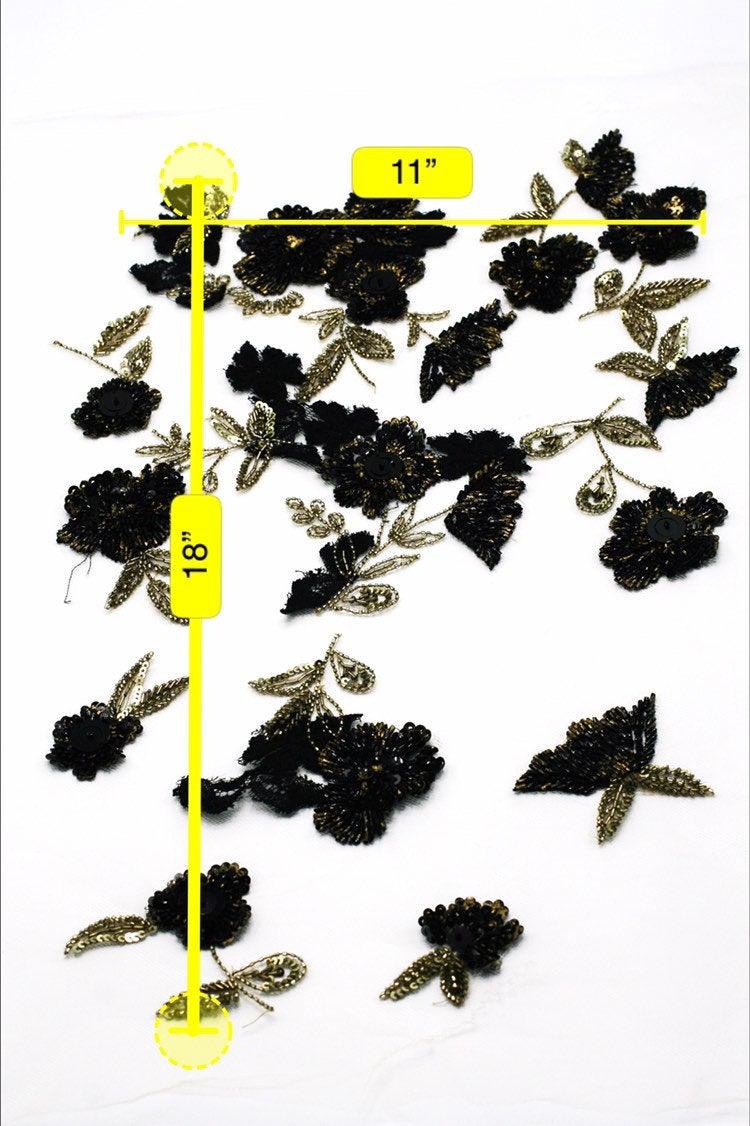z 3D Floral Lace on Tulle with Black and Gold Beading - Moda Artisans