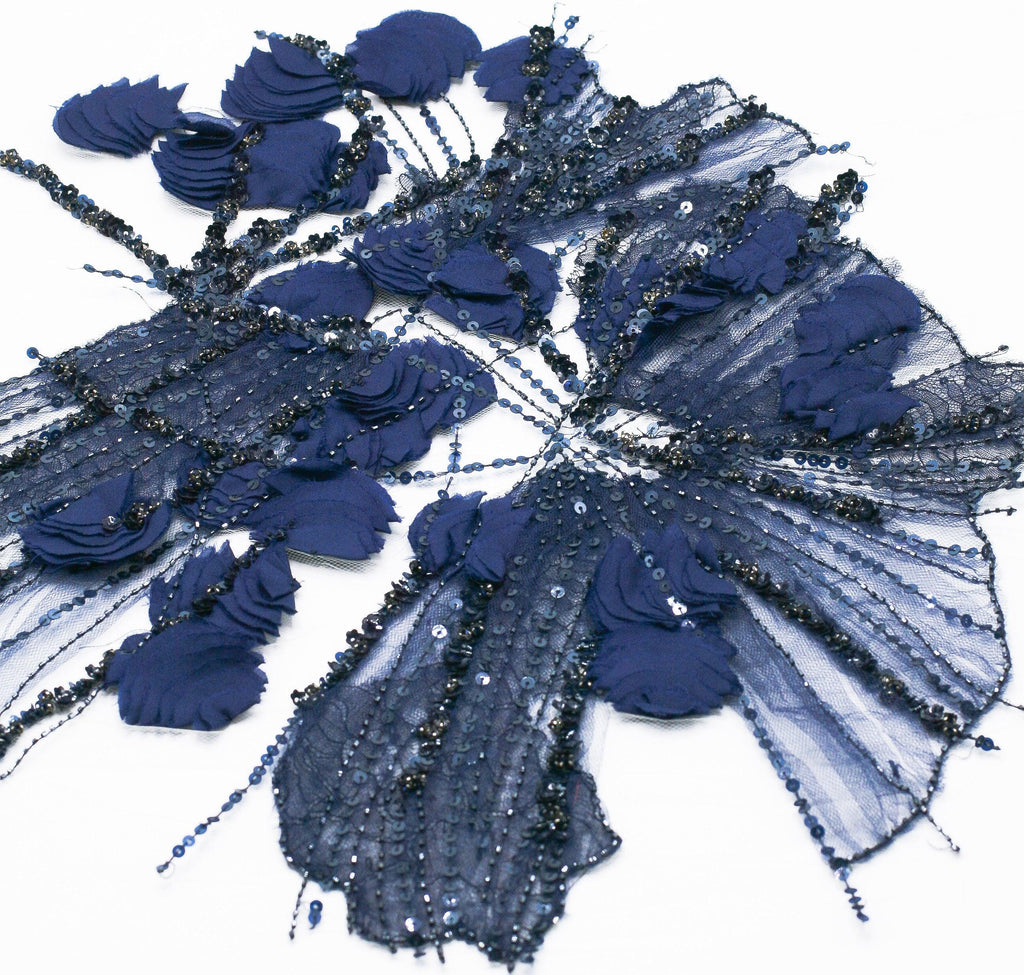 3D Midnight Blue Chantilly Lace Floral Applique - Moda Artisans