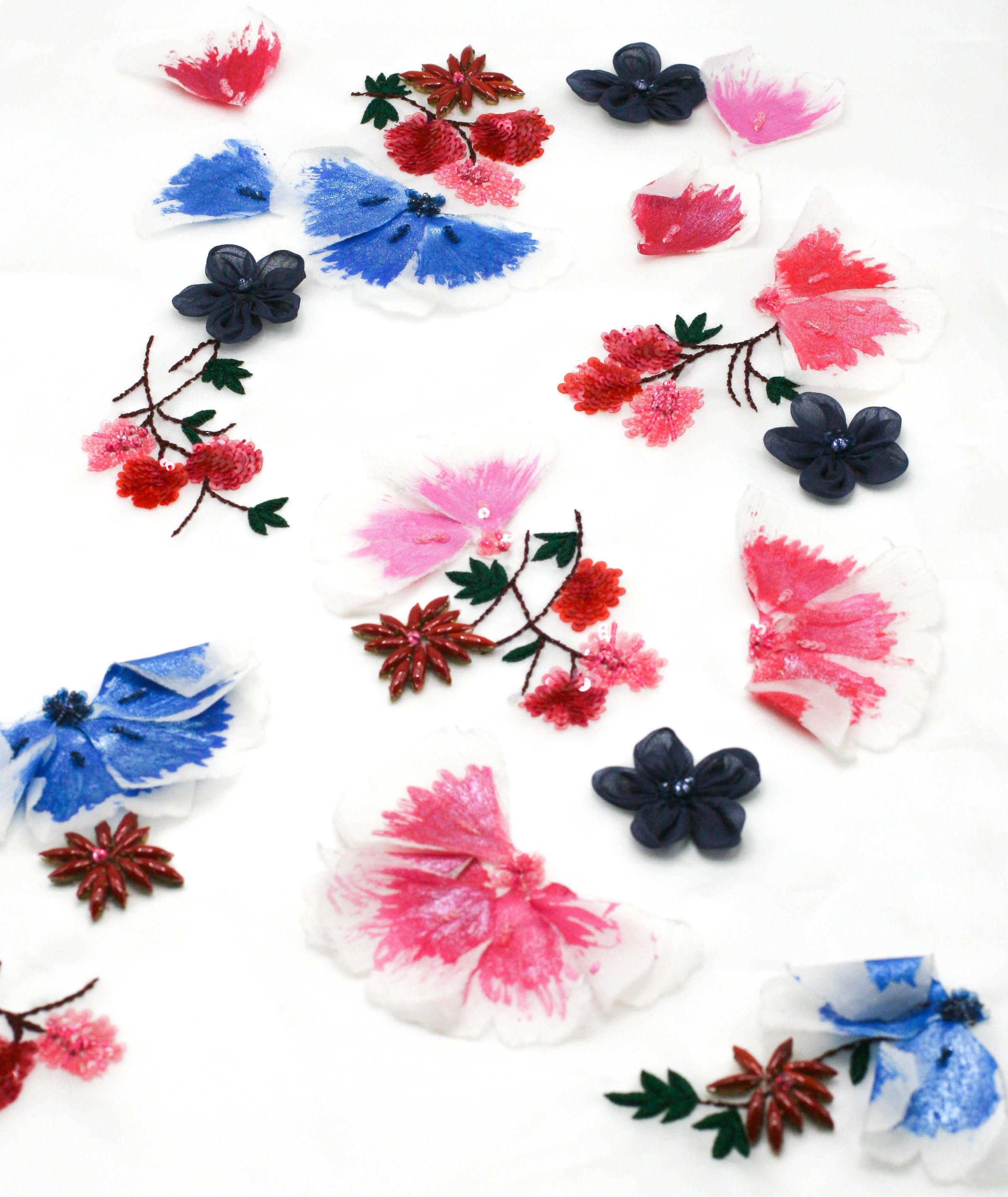tbd - 3D Fuchsia & Sapphire Silk Floral Beaded Applique - Moda Artisans