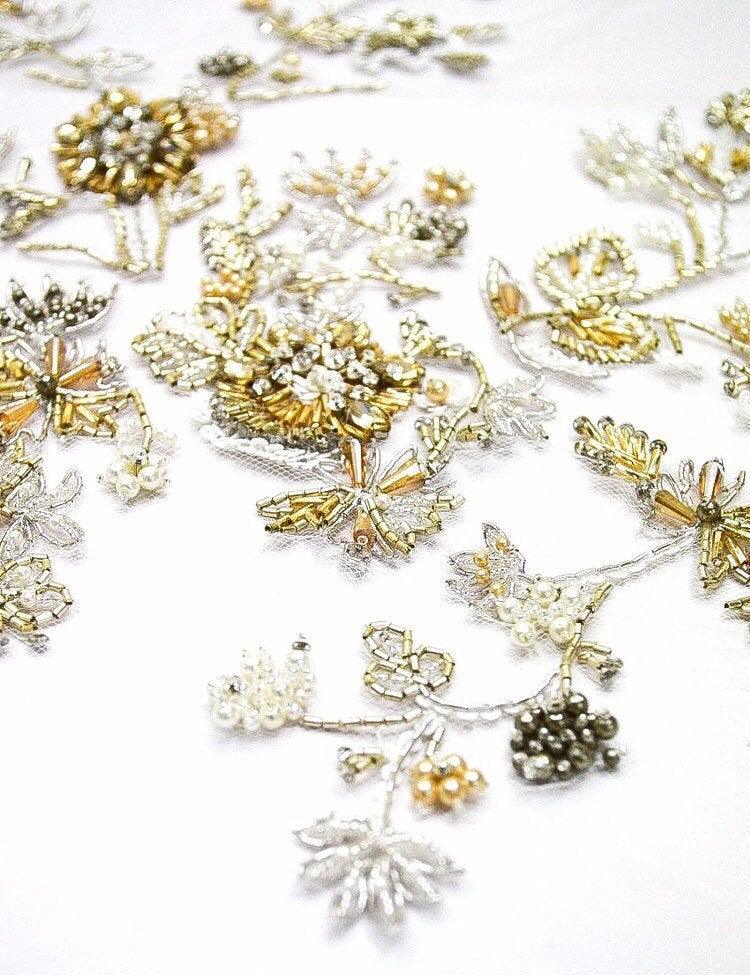 wedding dress applique, beaded trim applique, luxury fabric, rhibestones panel, haute couture fabric , beaded lace fabric.
