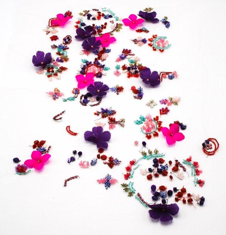 Colorful Embroidery,Wedding Dress fabric, Beaded Trim applique, Hand Embroidered Tulle, Beaded Applique, wedding lace fabric