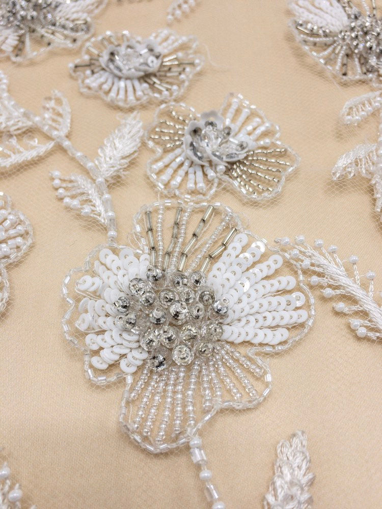 Crystal Beaded Applique panel, Beading Panel used as Beaded Trim, Beaded Applique, Haute Couture Fabric