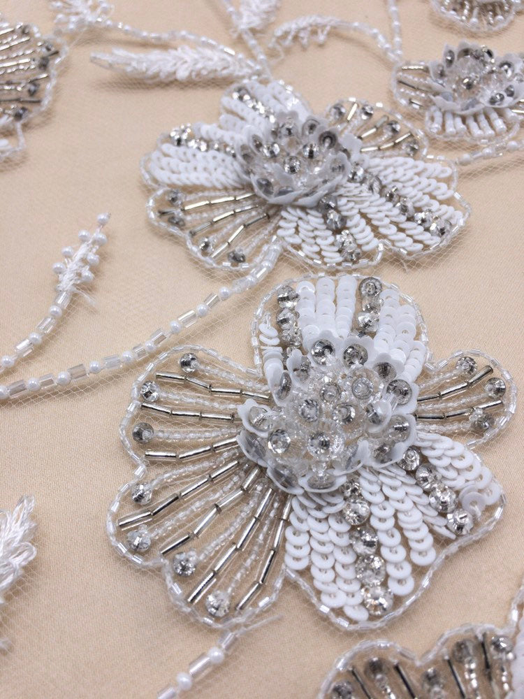 Crystal Beaded Applique panel, Beading Panel used as Beaded Trim, Beaded Applique, Haute Couture Fabric