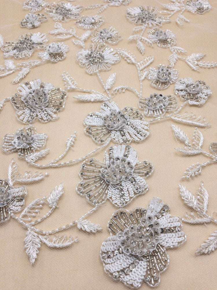 Crystal Beaded Applique panel, Beading Panel used as Beaded Trim, Beaded Applique, Haute Couture Fabric