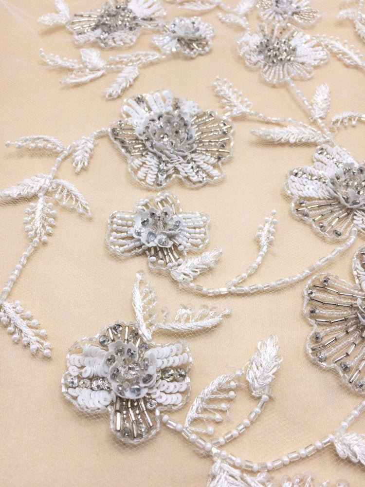 Crystal Beaded Applique panel, Beading Panel used as Beaded Trim, Beaded Applique, Haute Couture Fabric