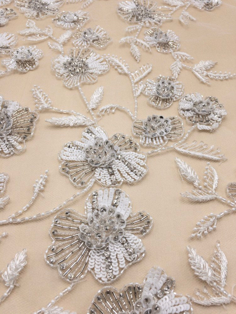 Crystal Beaded Applique panel, Beading Panel used as Beaded Trim, Beaded Applique, Haute Couture Fabric