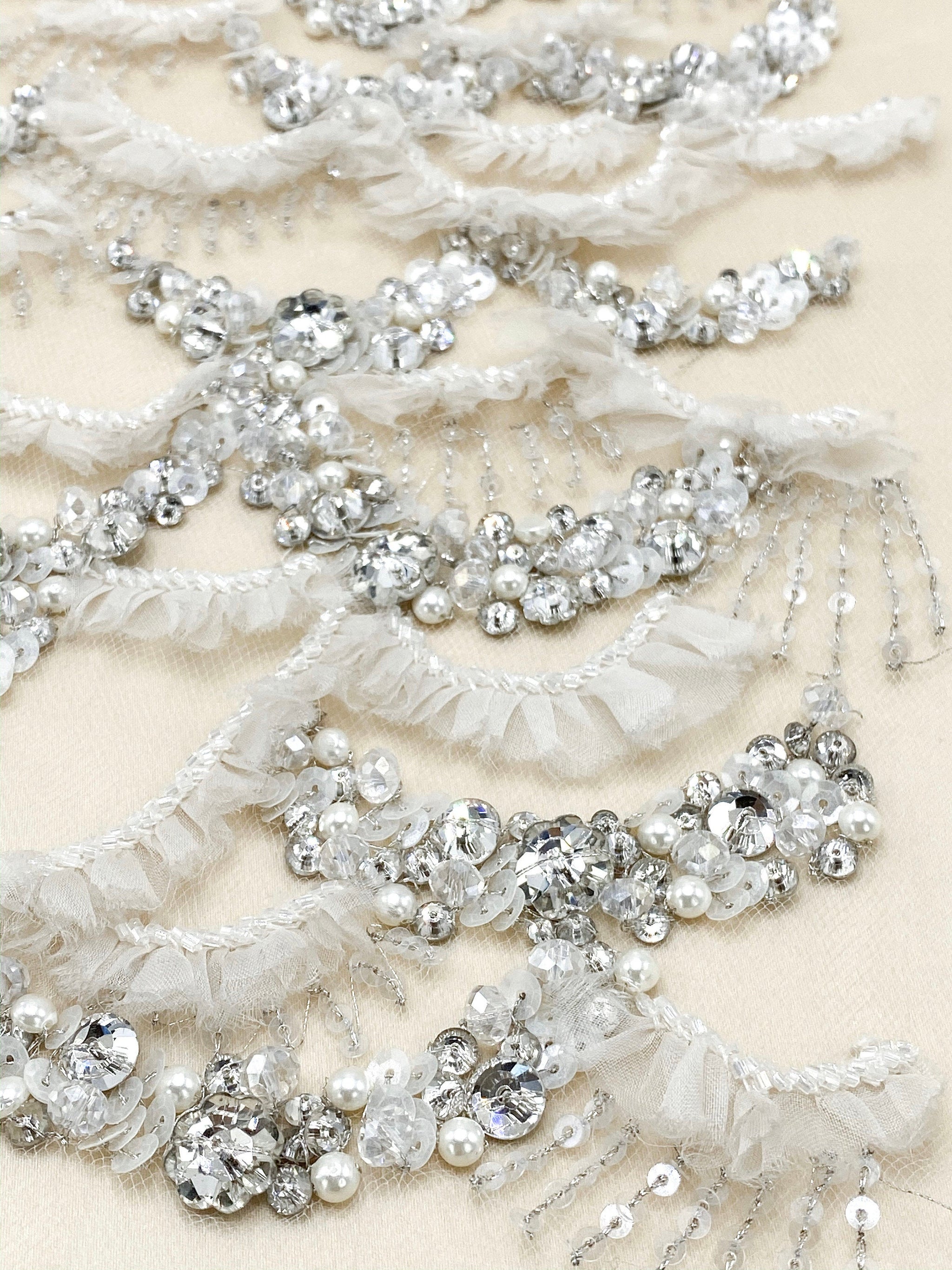 Wedding Dress Beaded tulle applique fabric with rhinestones and pearls.