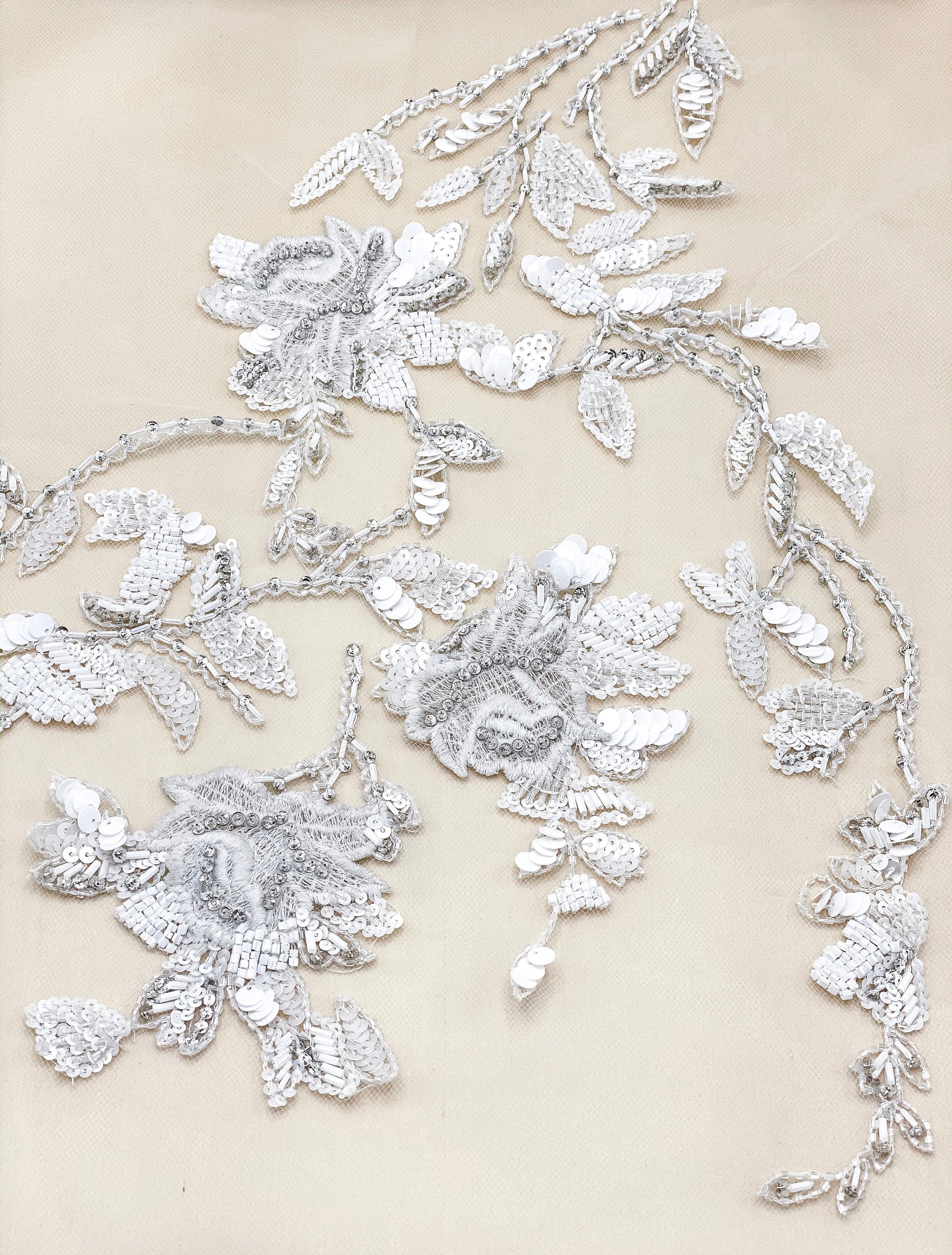 Haute Couture Fabric,Beaded Floral appliquÃ©s on tulle,Modern Bridal Fabric, Rhinestones and Crystals on tulle.