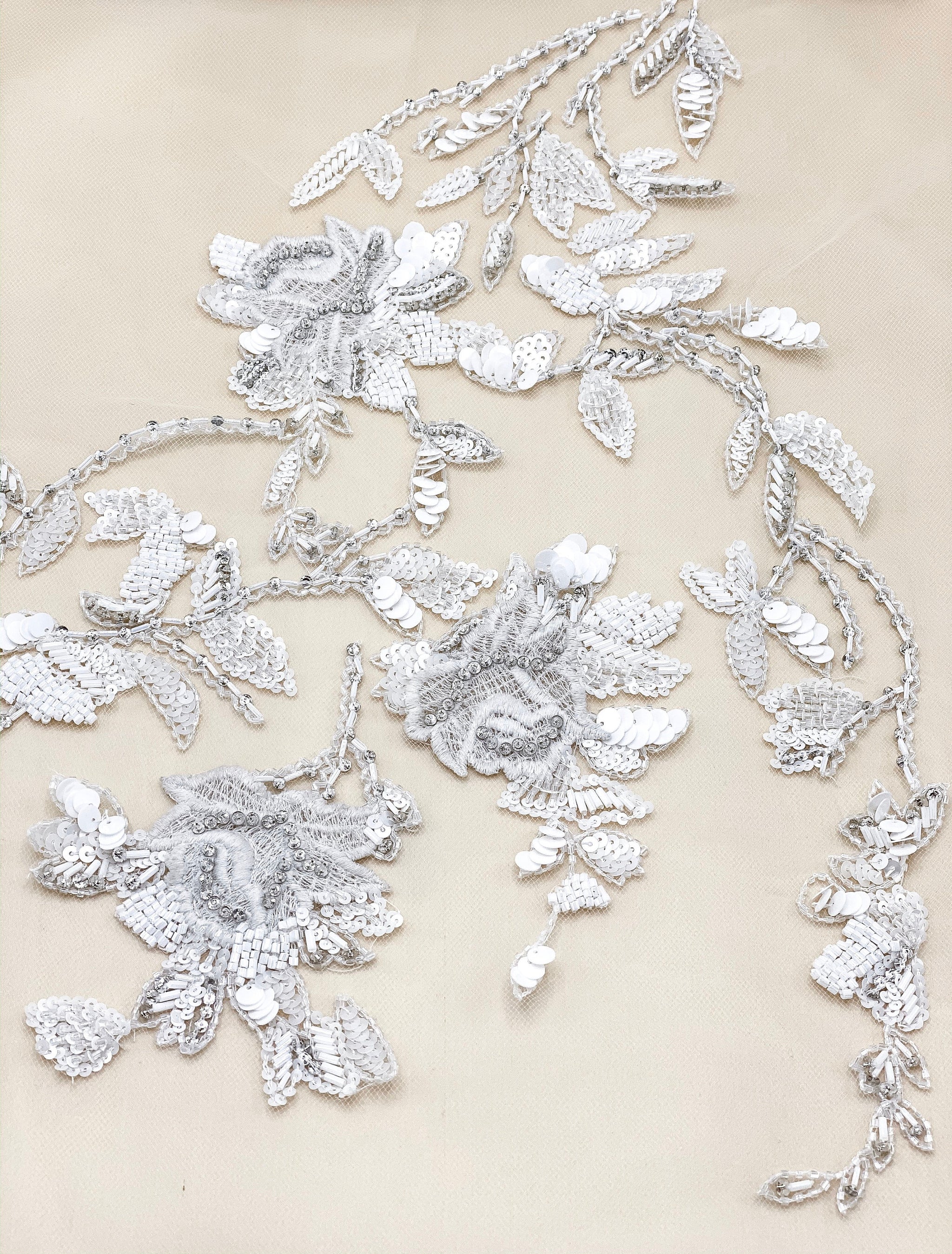 Haute Couture Fabric,Beaded Floral appliquÃ©s on tulle,Modern Bridal Fabric, Rhinestones and Crystals on tulle.