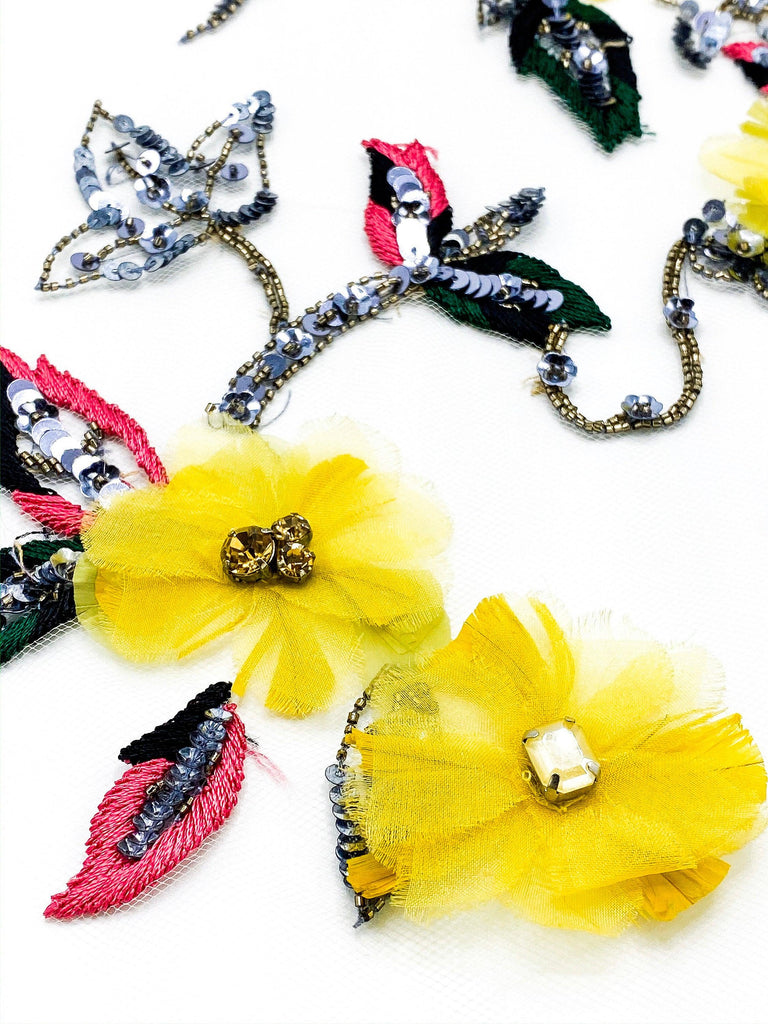 Feather & Flowers Bead Fabric -YELLOW Feather Bead Embroidery, Lace Fabric Panel, Luxury 3D Fabric, Haute Couture Fabric, Embroidered Tulle
