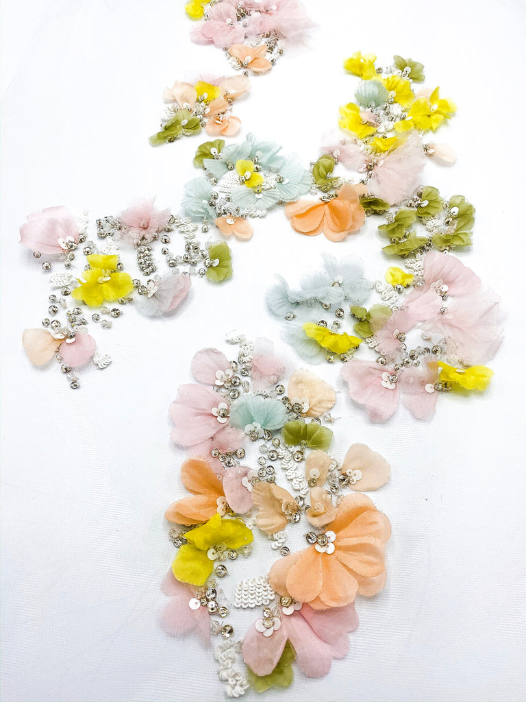 Wedding Lace Fabric in Pastel Colours with 3D Silk Flowers - Beaded Pastel 3D Floral Lace,Couture Floral Applique for wedding,Capelet Fabric
