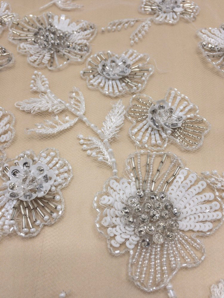 Crystal Beaded Applique panel, Beading Panel used as Beaded Trim, Beaded Applique, Haute Couture Fabric