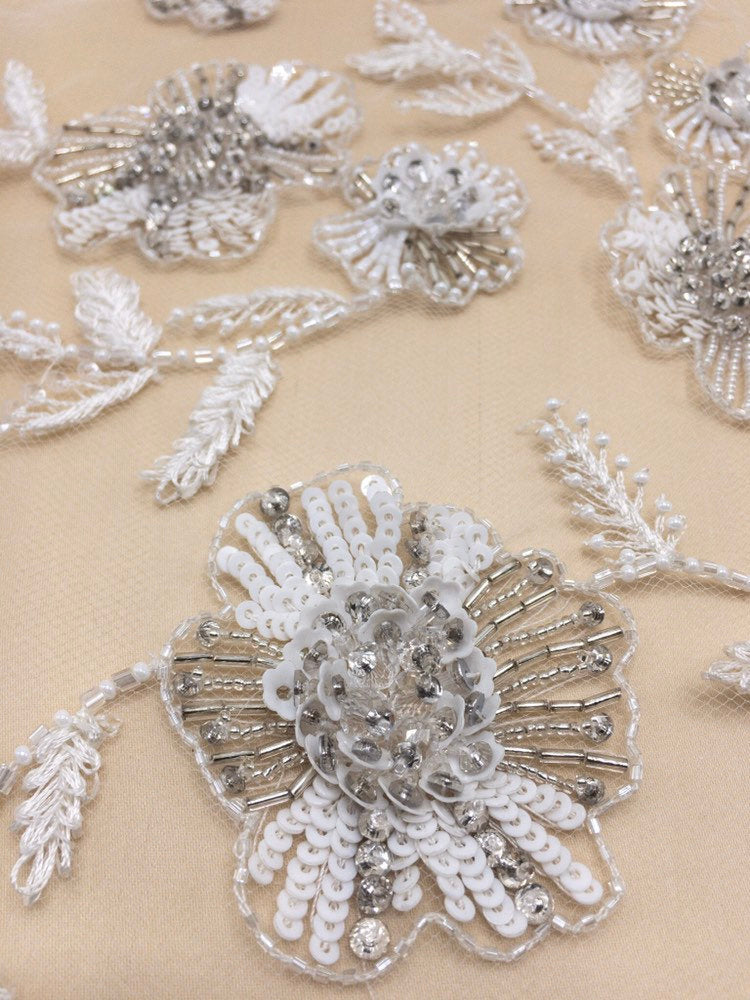 Crystal Beaded Applique panel, Beading Panel used as Beaded Trim, Beaded Applique, Haute Couture Fabric