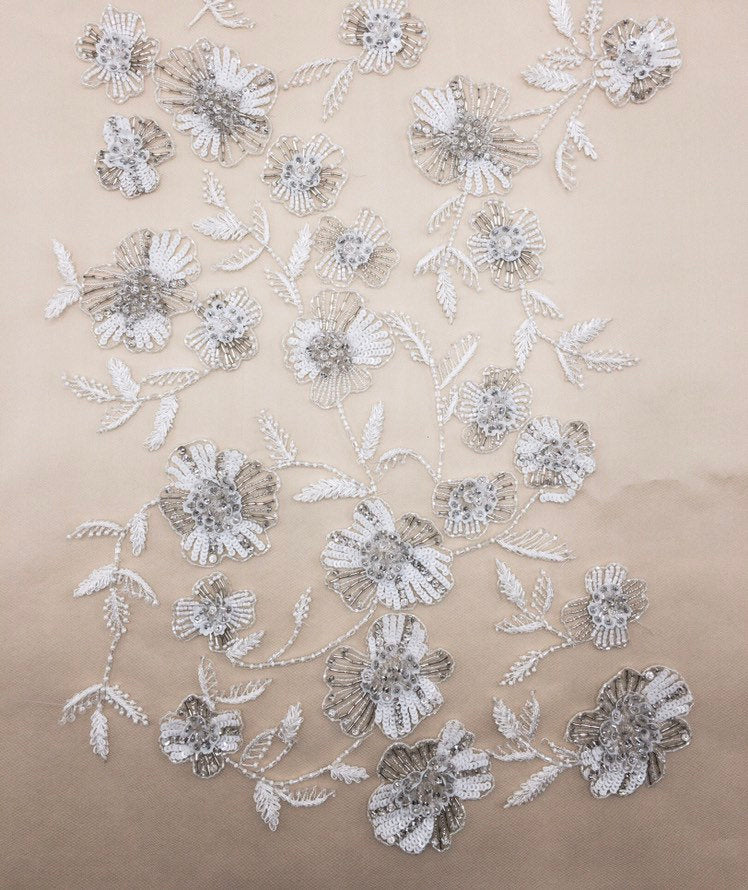 Crystal Beaded Applique panel, Beading Panel used as Beaded Trim, Beaded Applique, Haute Couture Fabric