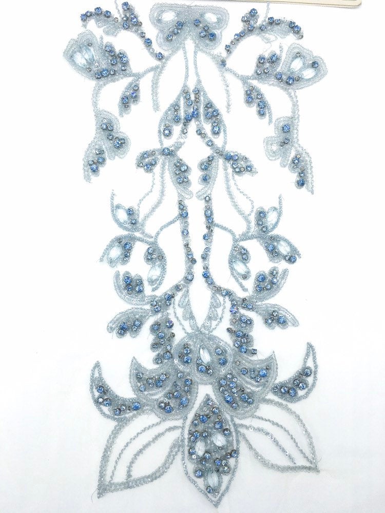 A - Crystal Blue Beaded Applique Panel
