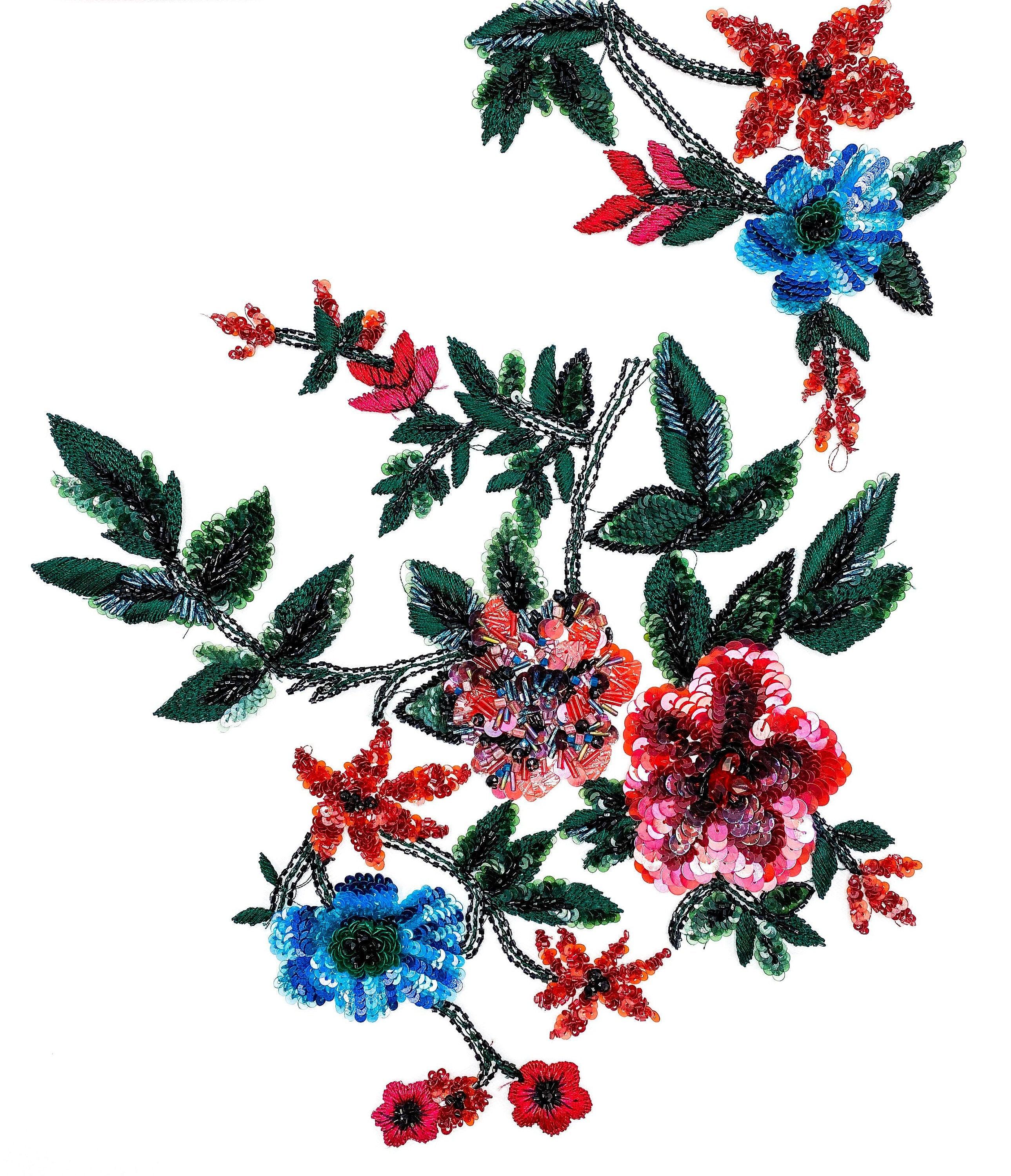 Sequin and Crystals applique - Haute Couture on Tulle,Beaded Tulle for Haute Couture,Embroidered Overlay,Blue and Red Hand Beaded Mesh