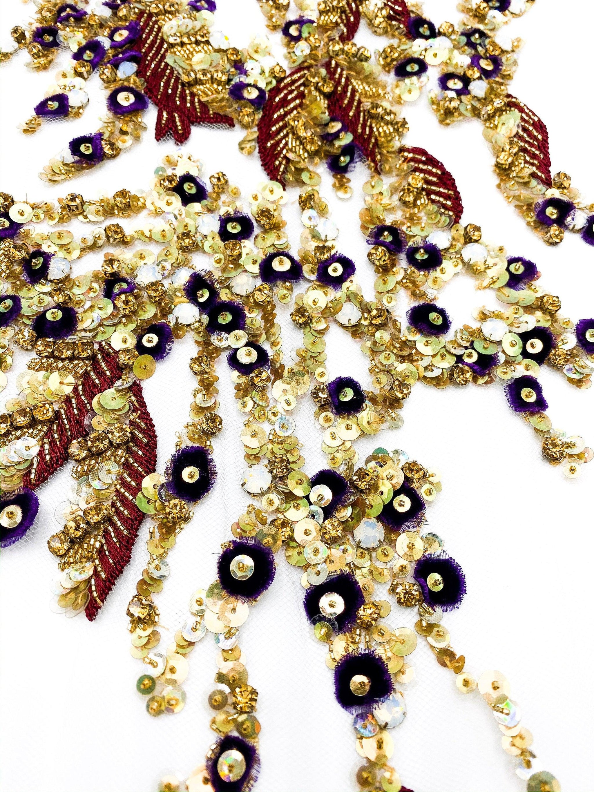 Beaded Fabric in GOLD - Gold Lace Fabric,Luxury wedding Fabric,Gold and Burgundy,Beaded applique Trim