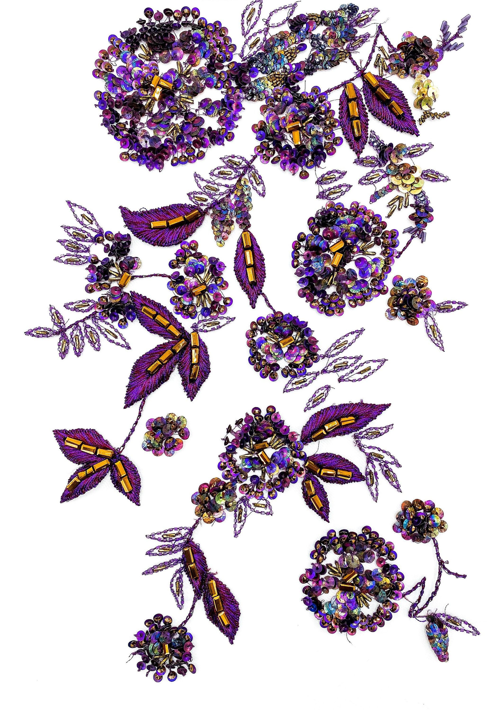 Floral Bead & Sequin Tulle Fabric - Beaded Tulle for Couture Fashion, Wedding tulle,PURPLE and GOLD, Beaded mesh Fabric,Applique for Gown